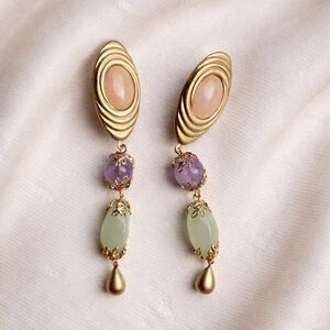 Saks Fifth Avenue Vintage Statement Earrings – Gold, Amethyst & Green Stone Drop